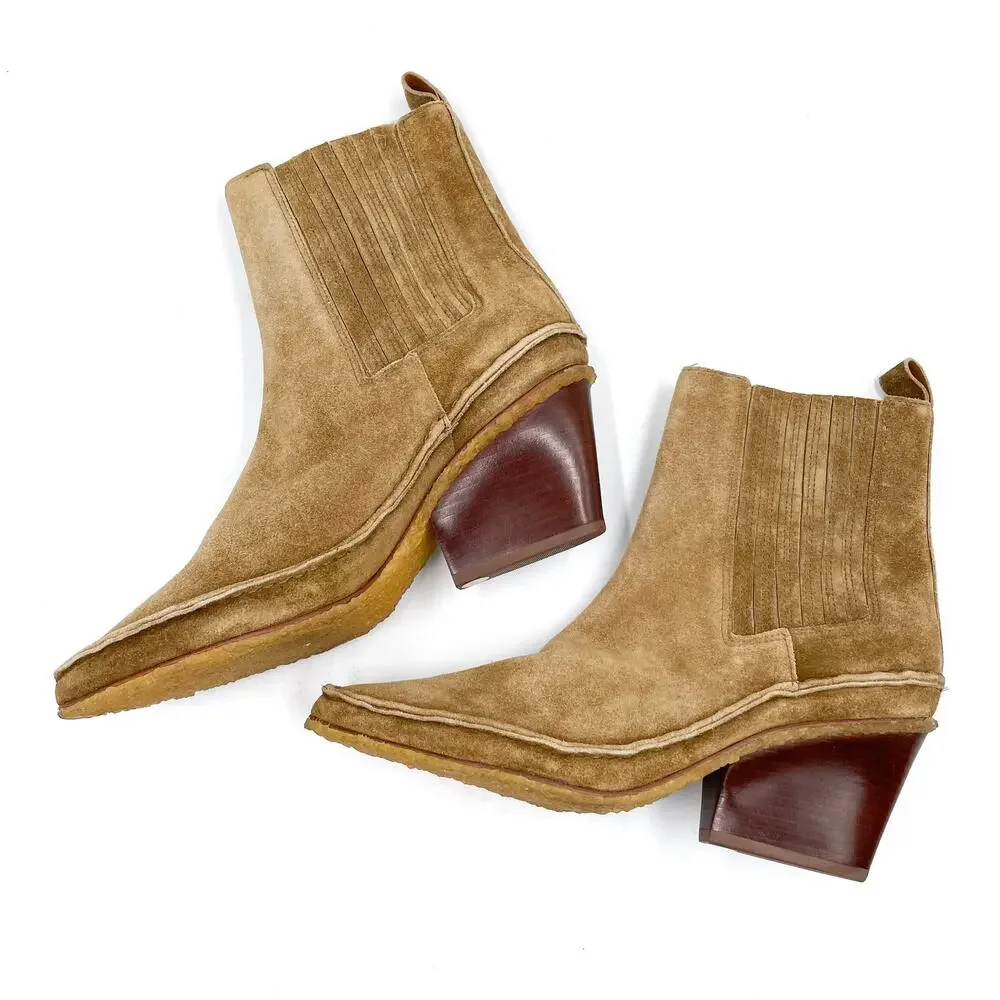 Tory Burch Lila Boots Brown Suede Pointed Block Heel Ankle Western Booties Sz‎ 6